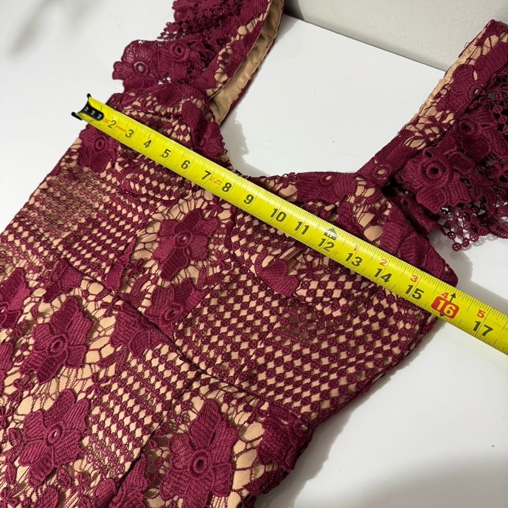 Bardot feminine whimsical  fairy Burgundy Lace romantic, formal Midi Dress - Picture 9 of 14